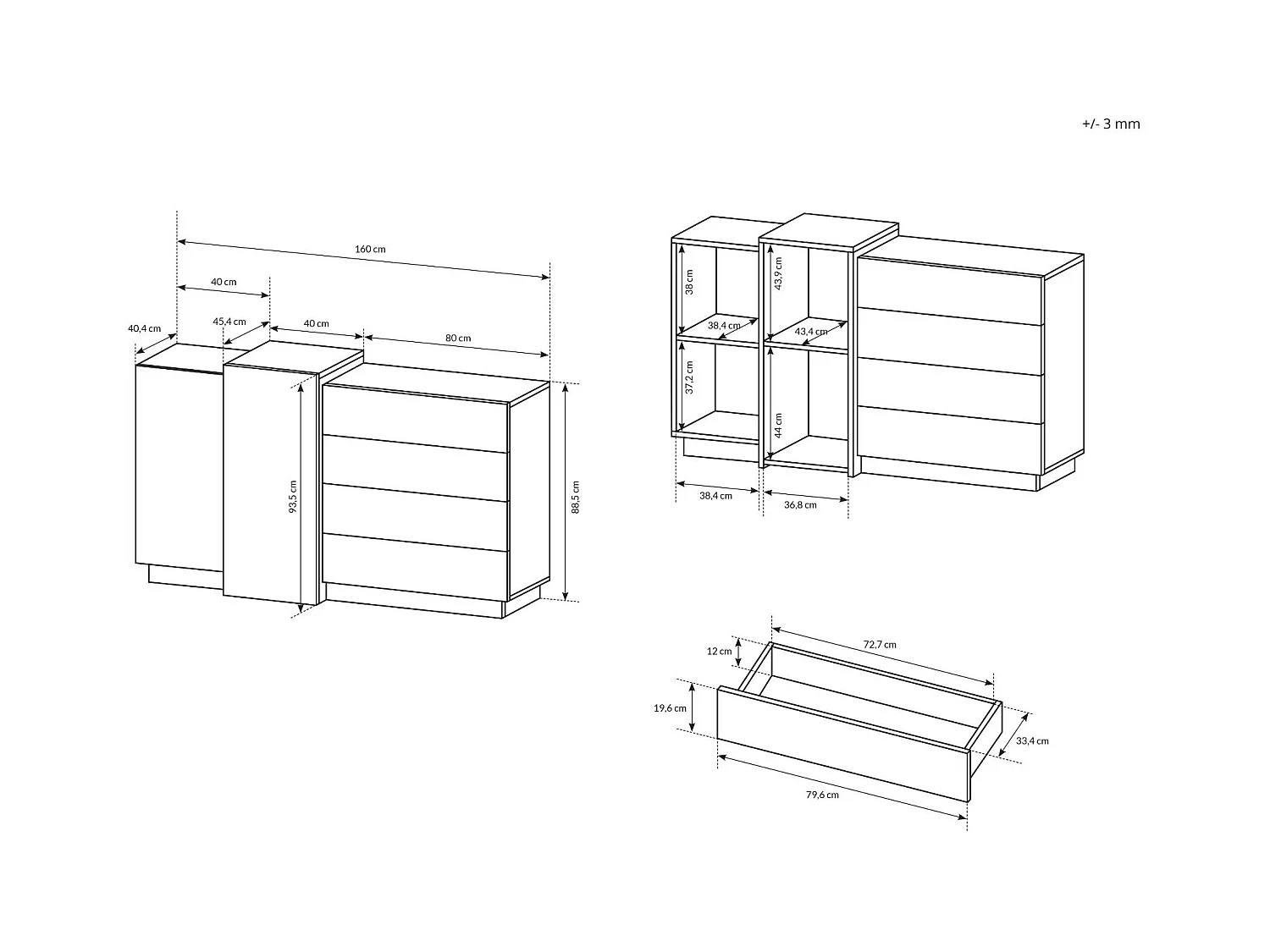 Comò moderno 160x88cm bianco lucido e rovere CLK9