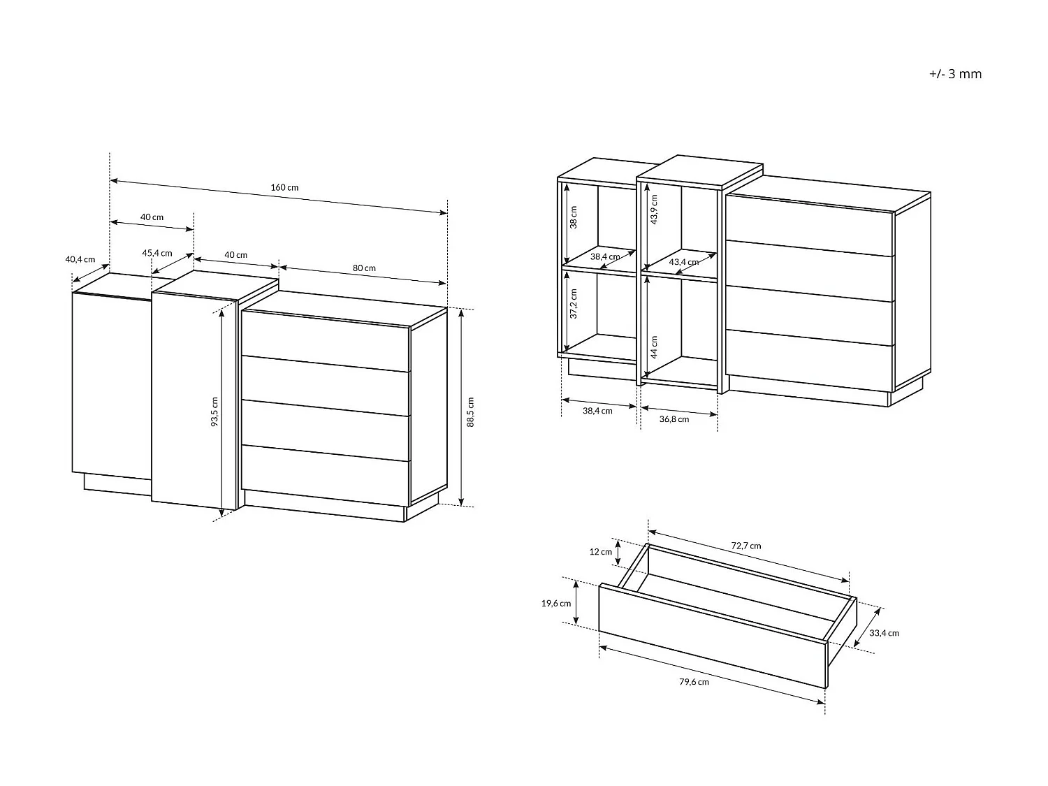 Comò moderno 160x88cm bianco lucido e rovere CLK9