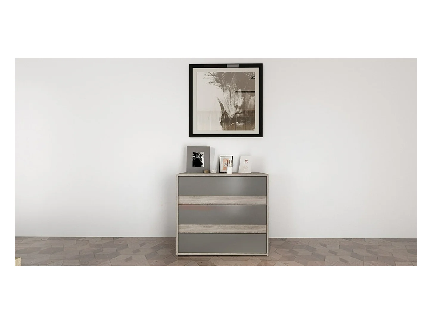 Comò bicolore per camera da letto con tre cassetti CI1 80x70 rovere e grigio