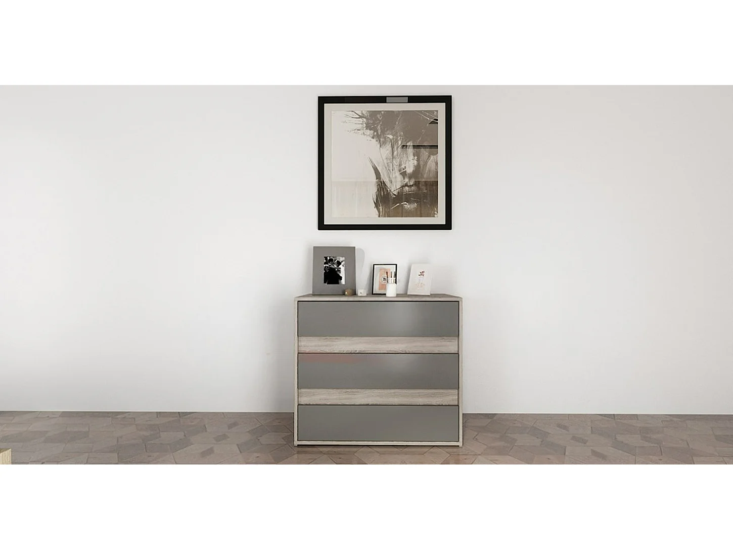 Comò bicolore per camera da letto con tre cassetti CI1 80x70 rovere e grigio