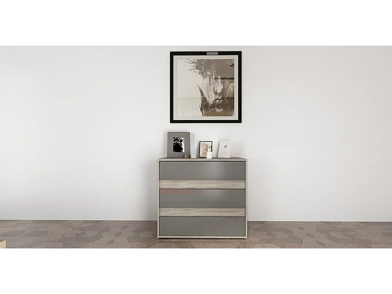 Comò bicolore per camera da letto con tre cassetti CI1 80x70 rovere e grigio