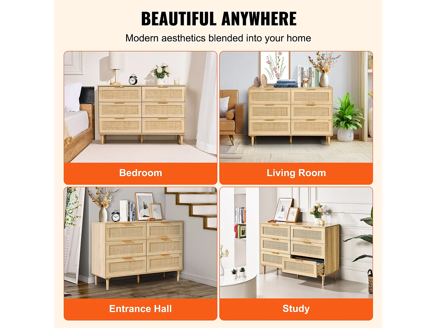 Cómoda de Ratán SucceBuy con 6 Cajones - Natural y Versátil - Almacenamiento Elegante con Estilo Boho y Natural para su Decoración