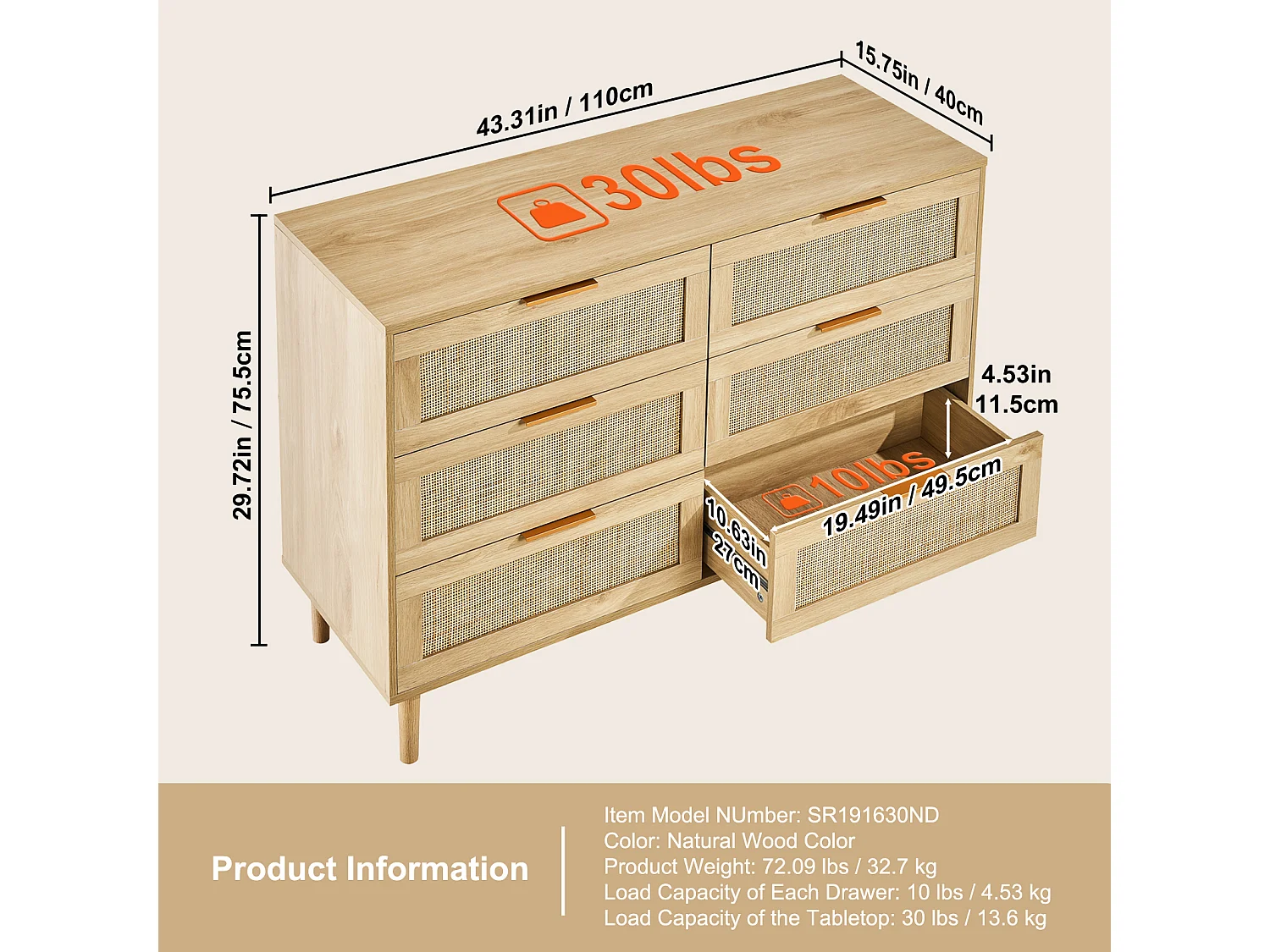 Cómoda de Ratán SucceBuy con 6 Cajones - Natural y Versátil - Almacenamiento Elegante con Estilo Boho y Natural para su Decoración