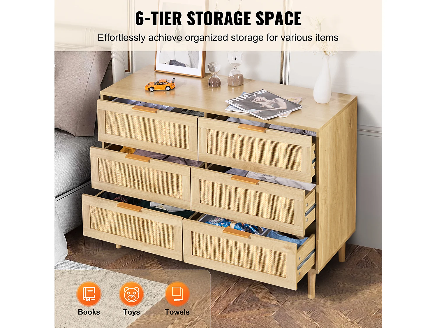 Cómoda de Ratán SucceBuy con 6 Cajones - Natural y Versátil - Almacenamiento Elegante con Estilo Boho y Natural para su Decoración