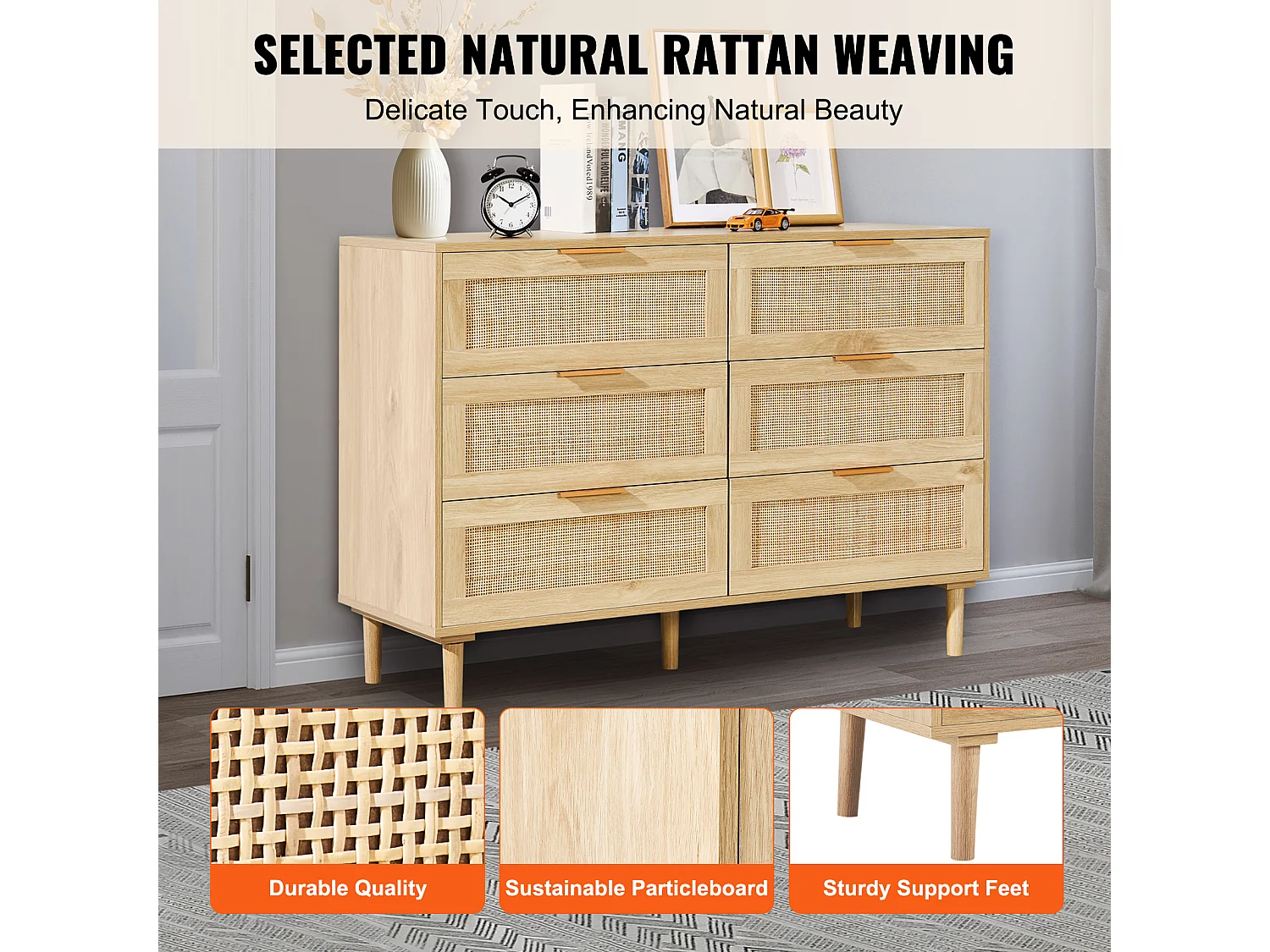 Cómoda de Ratán SucceBuy con 6 Cajones - Natural y Versátil - Almacenamiento Elegante con Estilo Boho y Natural para su Decoración