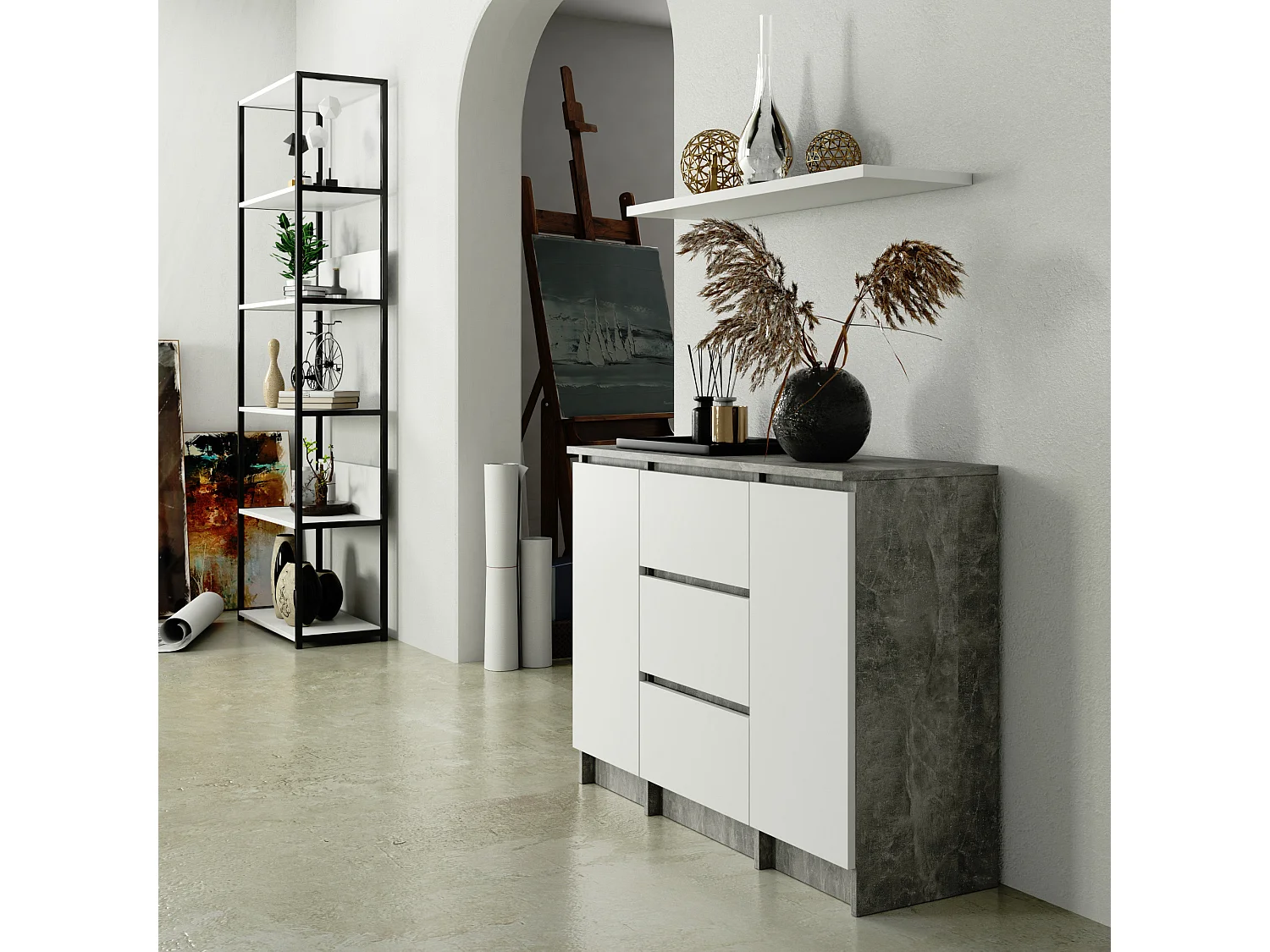 Ladekast K100 met 3 Lades en 2 Deuren / AKORD Furniture Factory / Beton Grijs - Wit / 101 x 76 x 35 cm