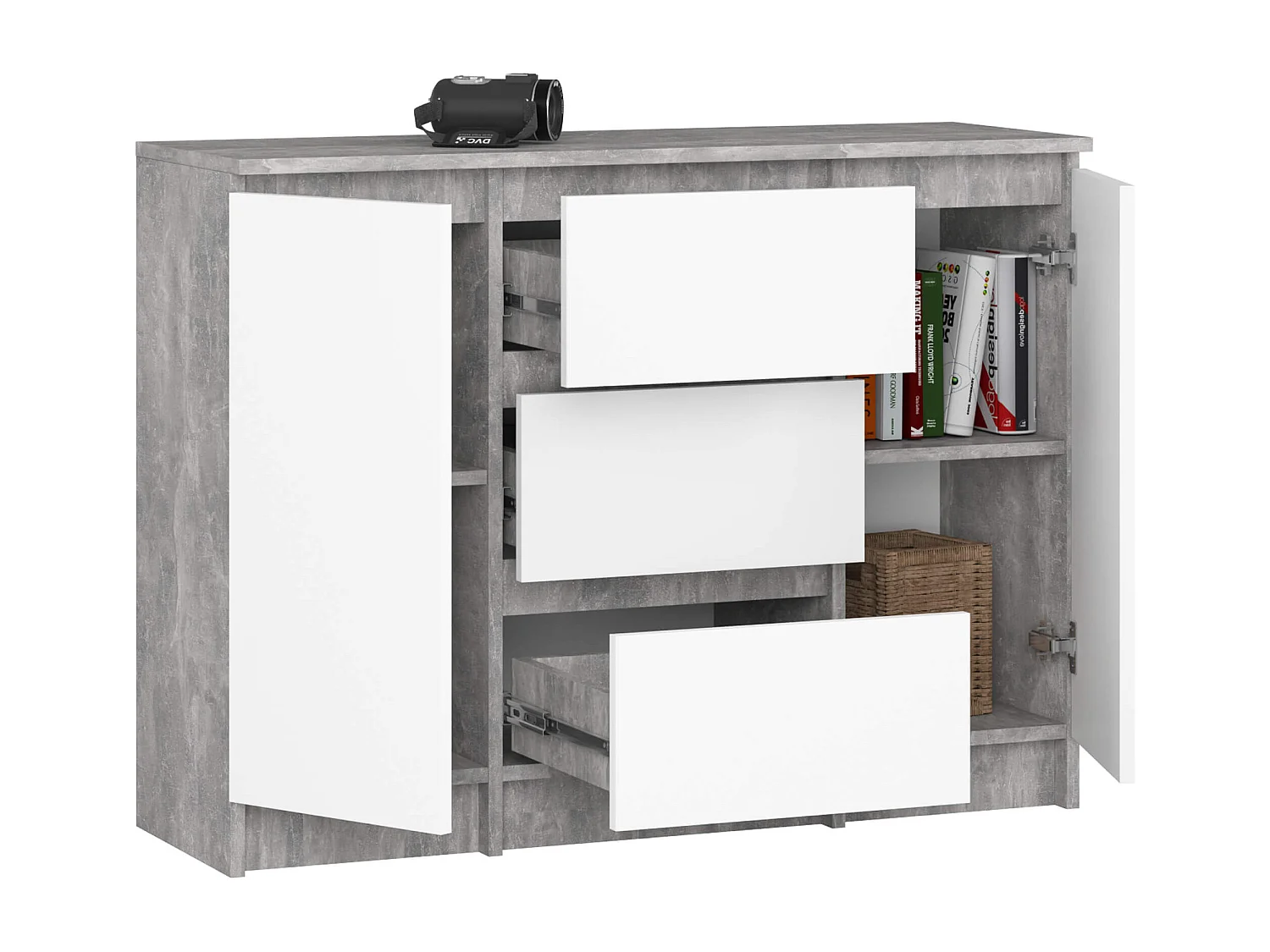 Ladekast K100 met 3 Lades en 2 Deuren / AKORD Furniture Factory / Beton Grijs - Wit / 101 x 76 x 35 cm