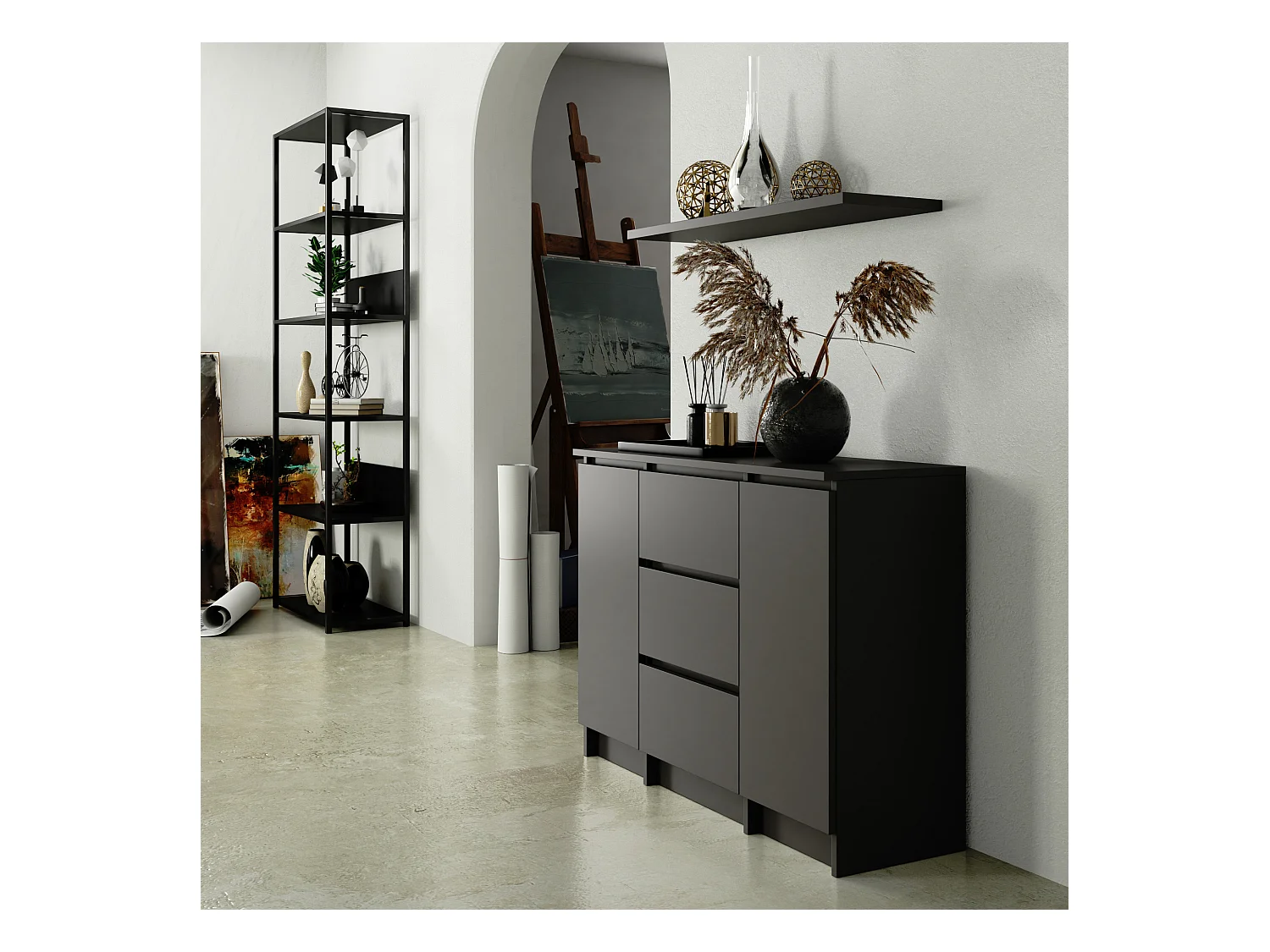 Commode AKORD K100 Gris Graphite 101 cm 2 portes 3 tiroirs façade Gris Graphite 4 étagères 101x35x76 cm