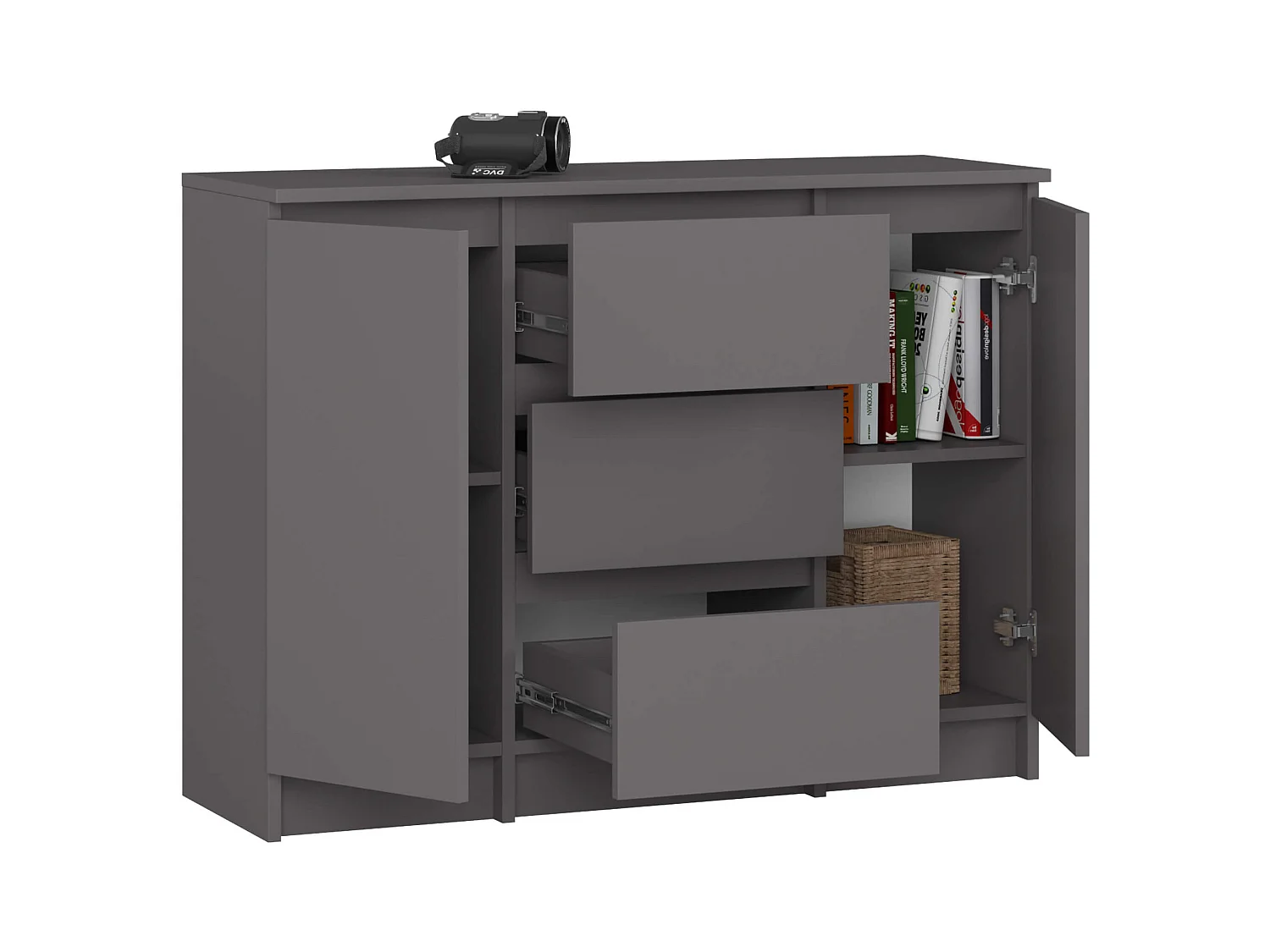 Commode AKORD K100 Gris Graphite 101 cm 2 portes 3 tiroirs façade Gris Graphite 4 étagères 101x35x76 cm