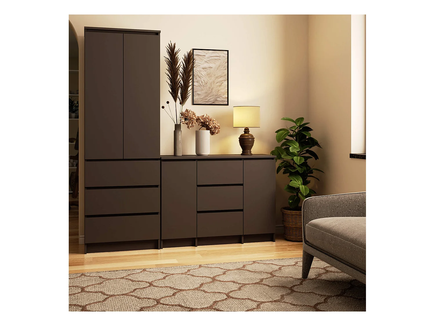 Commode AKORD K100 Gris Graphite 101 cm 2 portes 3 tiroirs façade Gris Graphite 4 étagères 101x35x76 cm