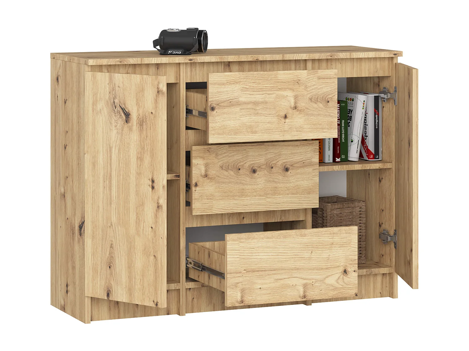 Commode AKORD K100 Chêne Artisan 101 cm 2 portes 3 tiroirs façade Chêne Artisan 4 étagères 101x35x76 cm