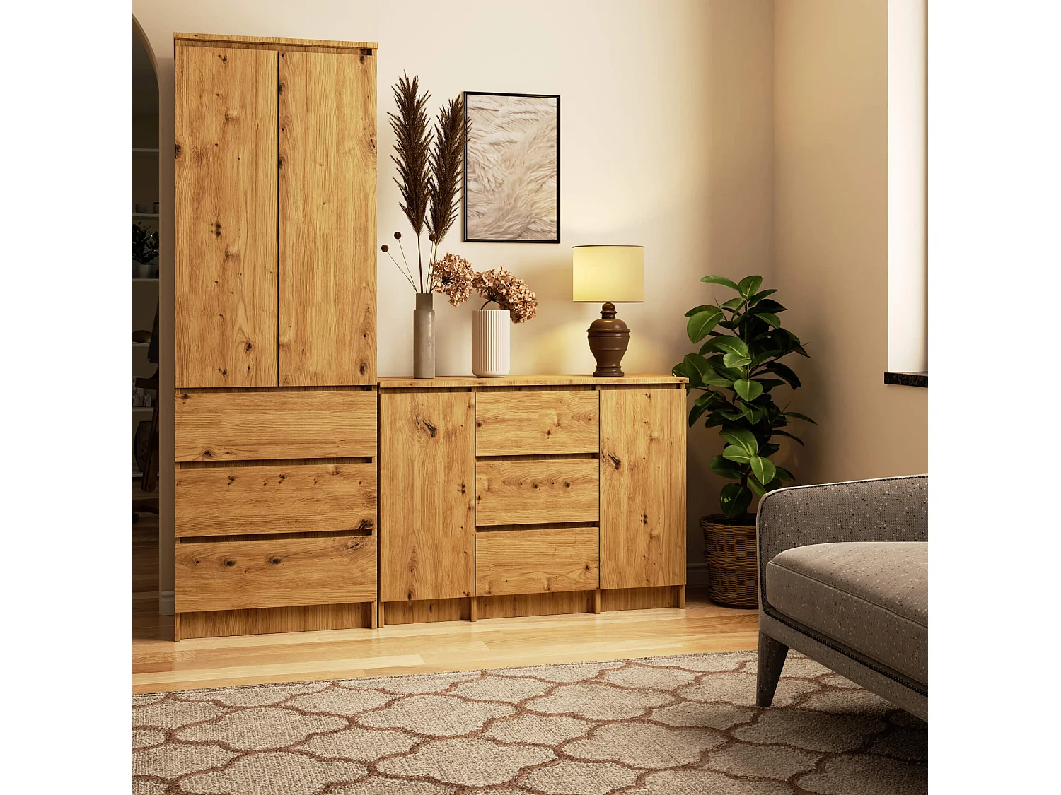 Commode AKORD K100 Chêne Artisan 101 cm 2 portes 3 tiroirs façade Chêne Artisan 4 étagères 101x35x76 cm