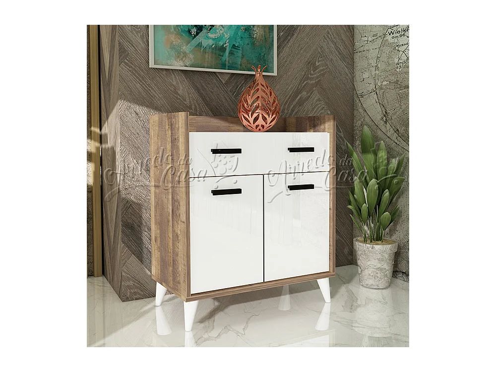 Comò camera da letto moderno con cassetto 75x89 rovere scuro e bianco lucido CU39