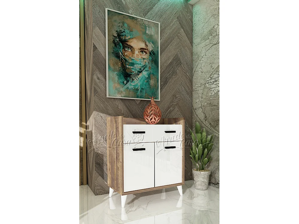 Comò camera da letto moderno con cassetto 75x89 rovere scuro e bianco lucido CU39