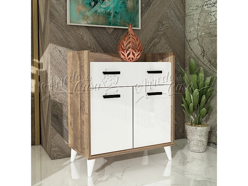 Comò camera da letto moderno con cassetto 75x89 rovere scuro e bianco lucido CU39