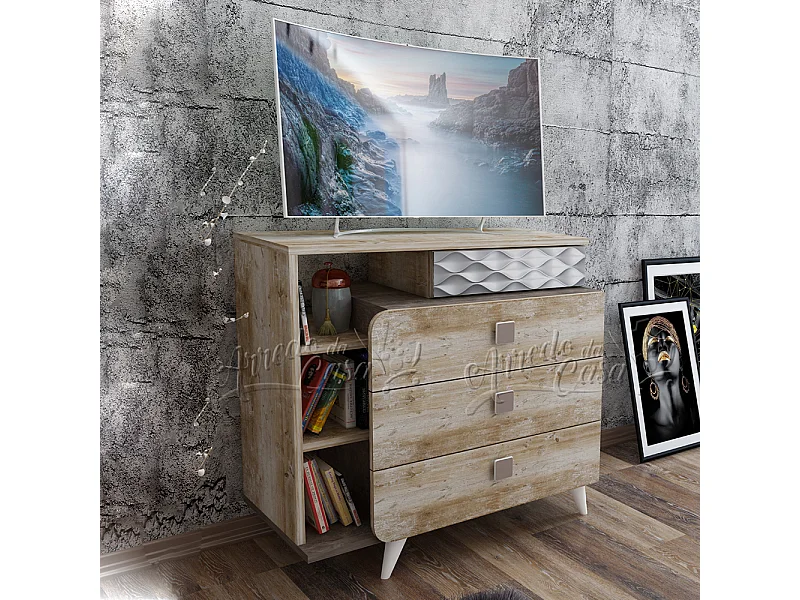 Comò da camera da letto con tre cassetti 90x87 larice e beton CU2