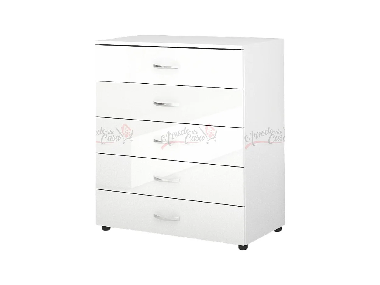 Comò da camera da notte design moderno con cinque cassetti 80x91 bianco lucido CG5