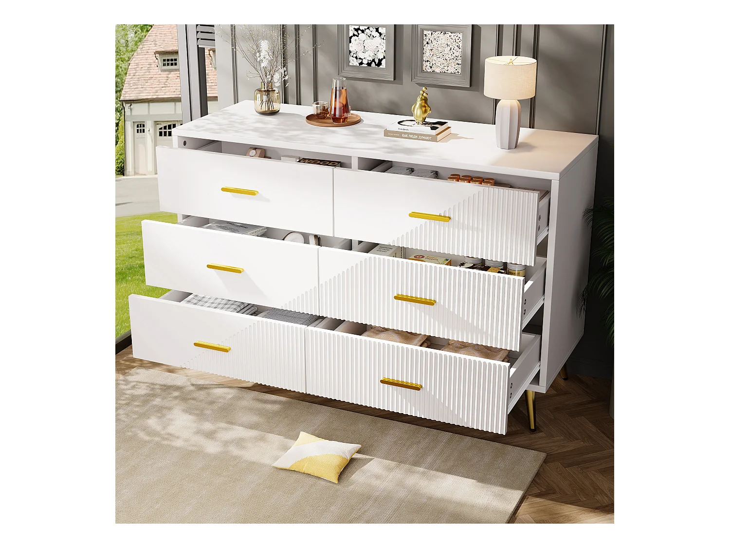 Commode moderne à 6 tiroirs - 120 x 40 x 75 cm - pieds dorés - portes tridimensionnelles - MDF + Métal - blanc