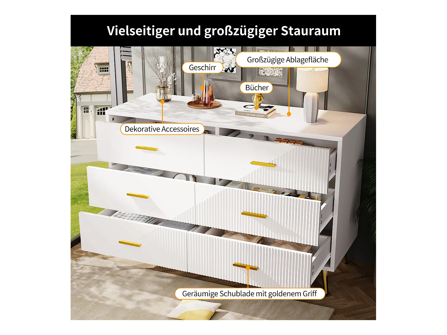 Commode moderne à 6 tiroirs - 120 x 40 x 75 cm - pieds dorés - portes tridimensionnelles - MDF + Métal - blanc