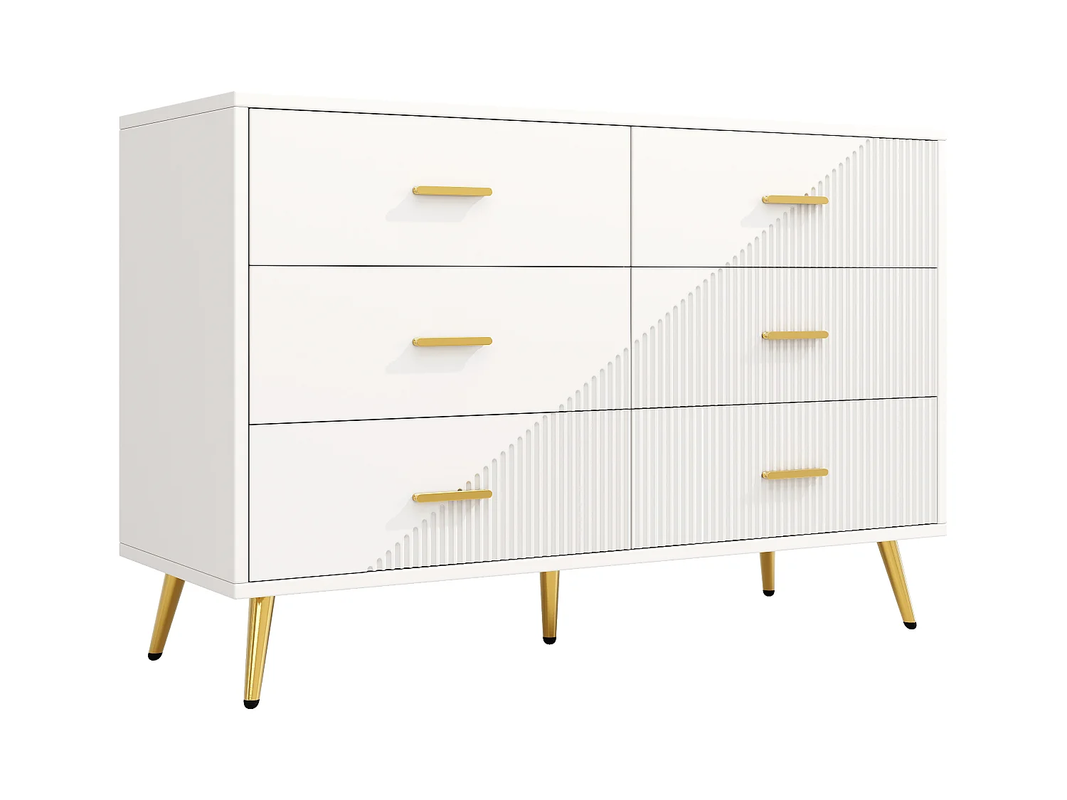 Commode moderne à 6 tiroirs - 120 x 40 x 75 cm - pieds dorés - portes tridimensionnelles - MDF + Métal - blanc