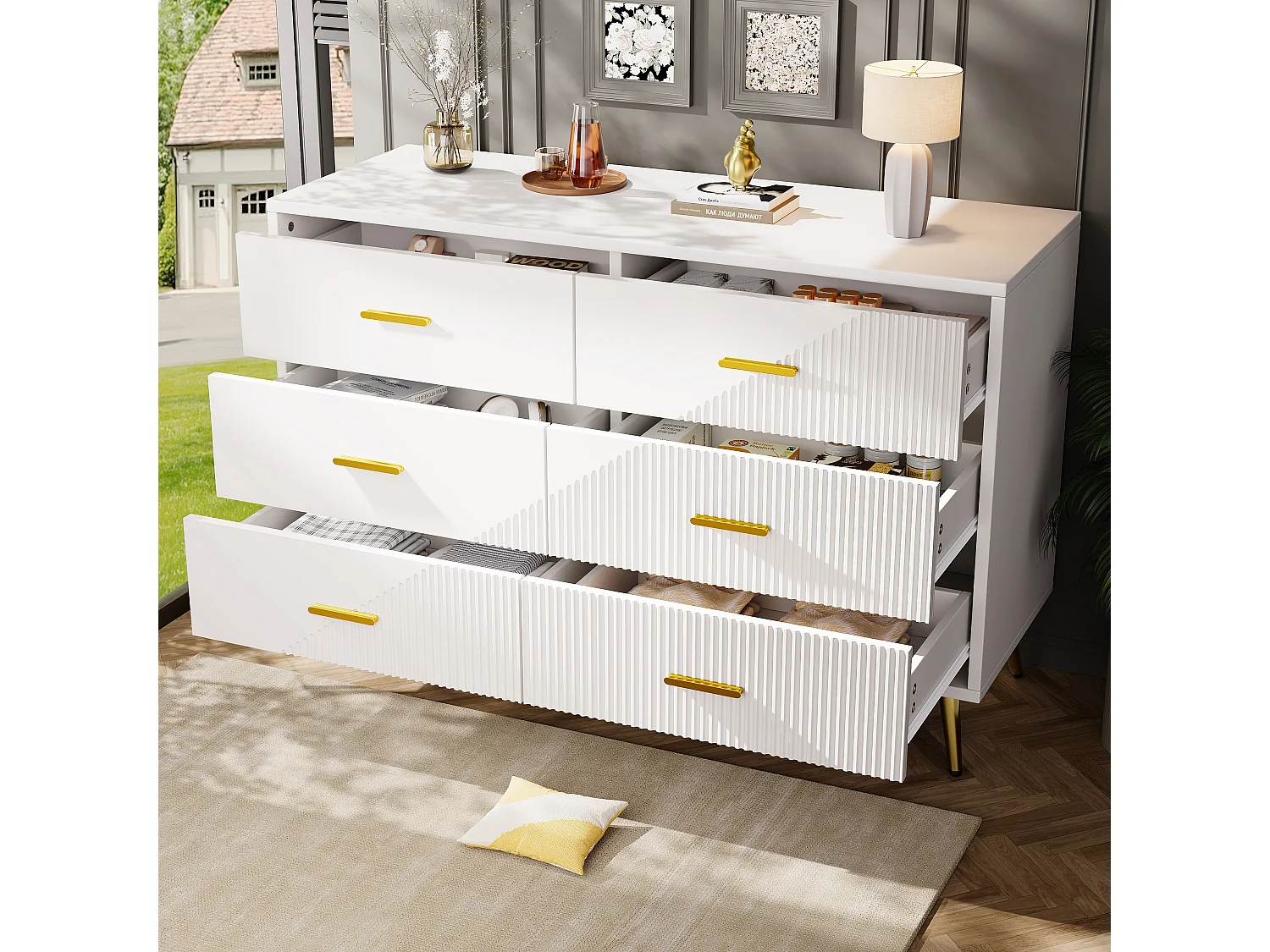 Moderne Kommode mit 6 Schubladen – 120 x 40 x 75 cm – goldene Beine – dreidimensionale Türen – MDF + Metall – Weiß