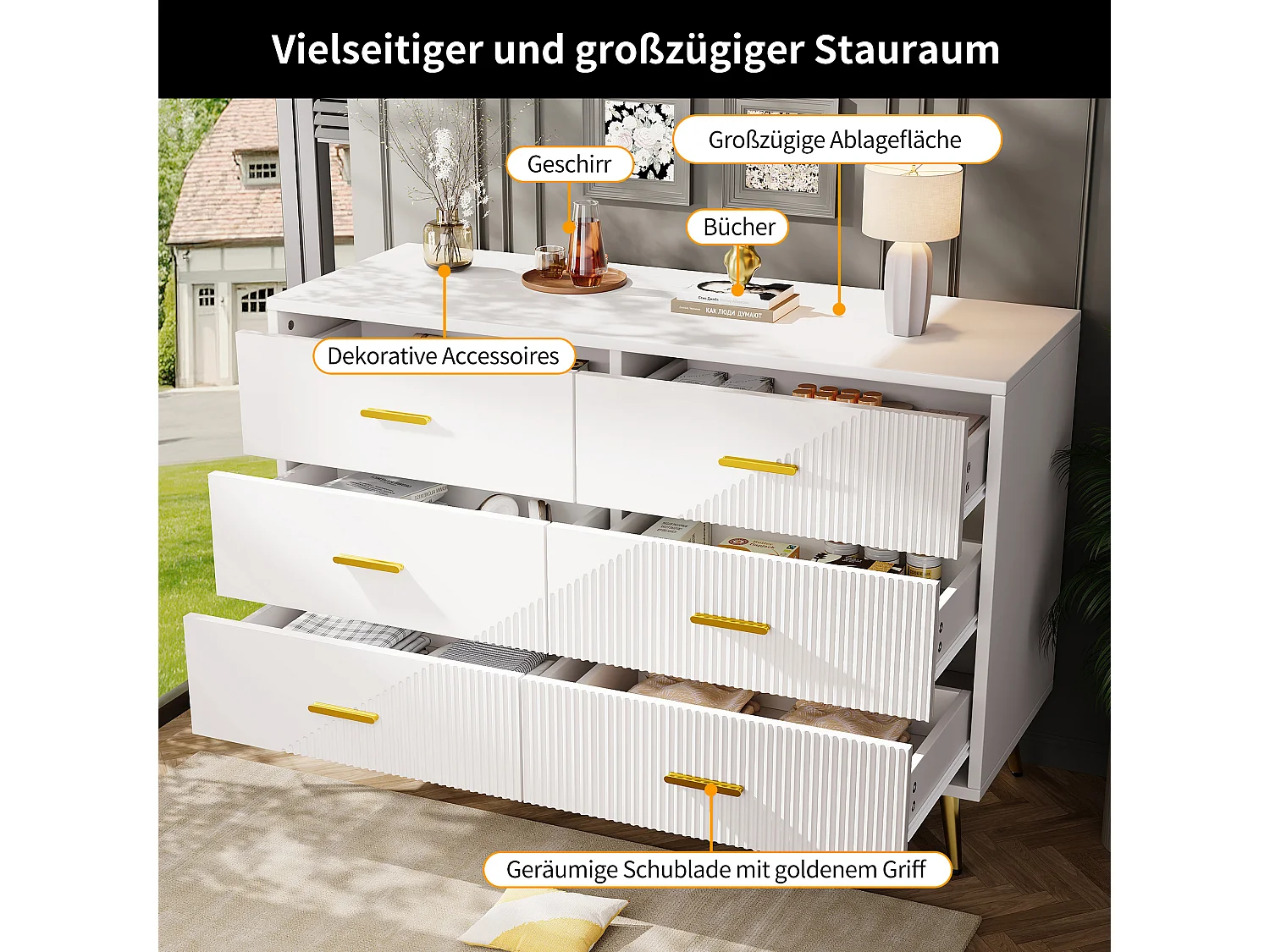 Moderne Kommode mit 6 Schubladen – 120 x 40 x 75 cm – goldene Beine – dreidimensionale Türen – MDF + Metall – Weiß