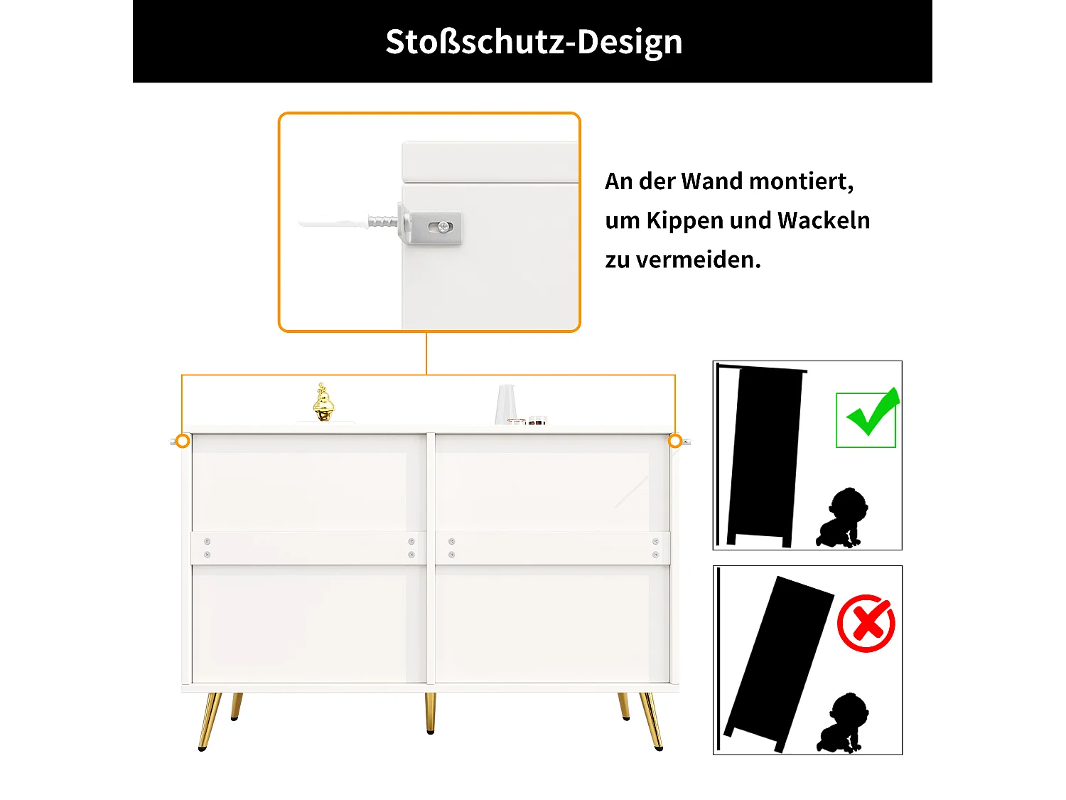 Moderne Kommode mit 6 Schubladen – 120 x 40 x 75 cm – goldene Beine – dreidimensionale Türen – MDF + Metall – Weiß