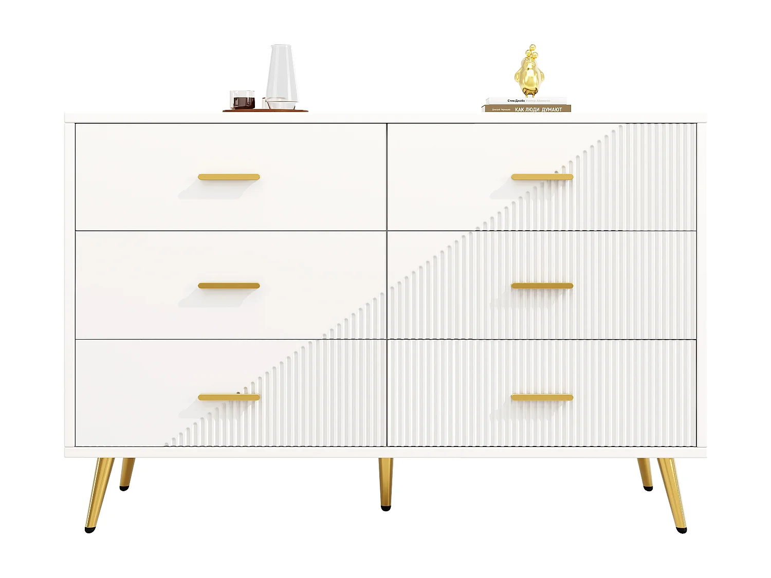 Moderne Kommode mit 6 Schubladen – 120 x 40 x 75 cm – goldene Beine – dreidimensionale Türen – MDF + Metall – Weiß