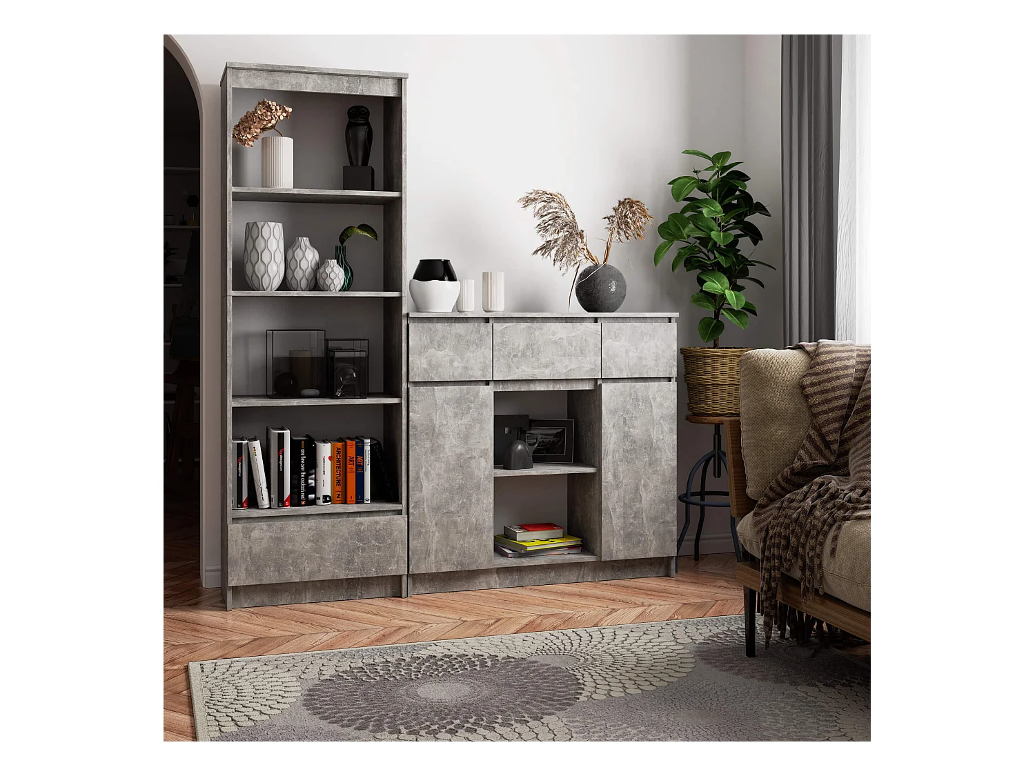 Kommode K100 Beton 101 cm 2 Türen 3 Schubladen 6 Regalböden B101xH98xT35 cm