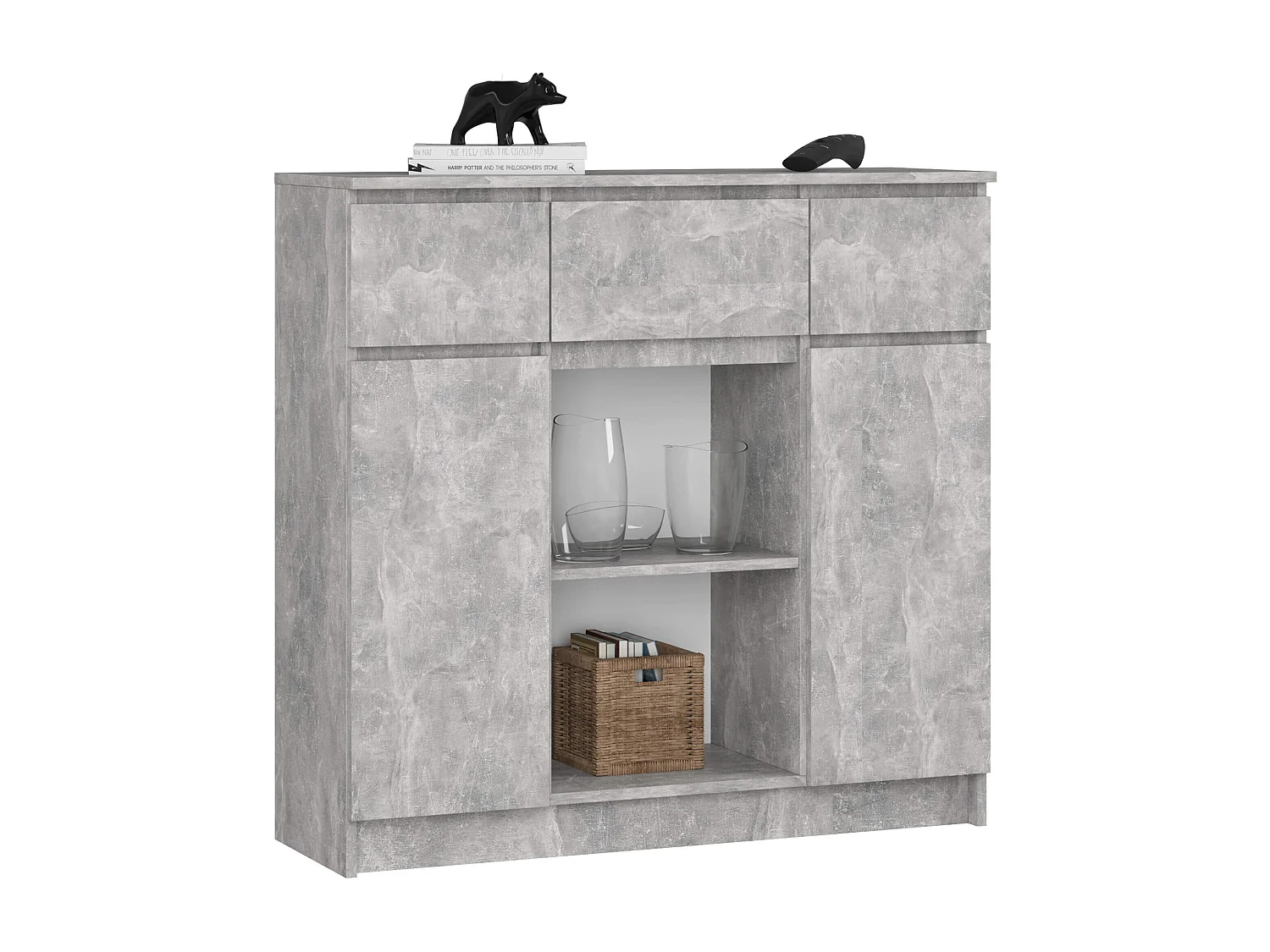 Commode AKORD K100 Béton 101 cm 2 portes 3 tiroirs façade Béton 6 étagères 101x35x98 cm