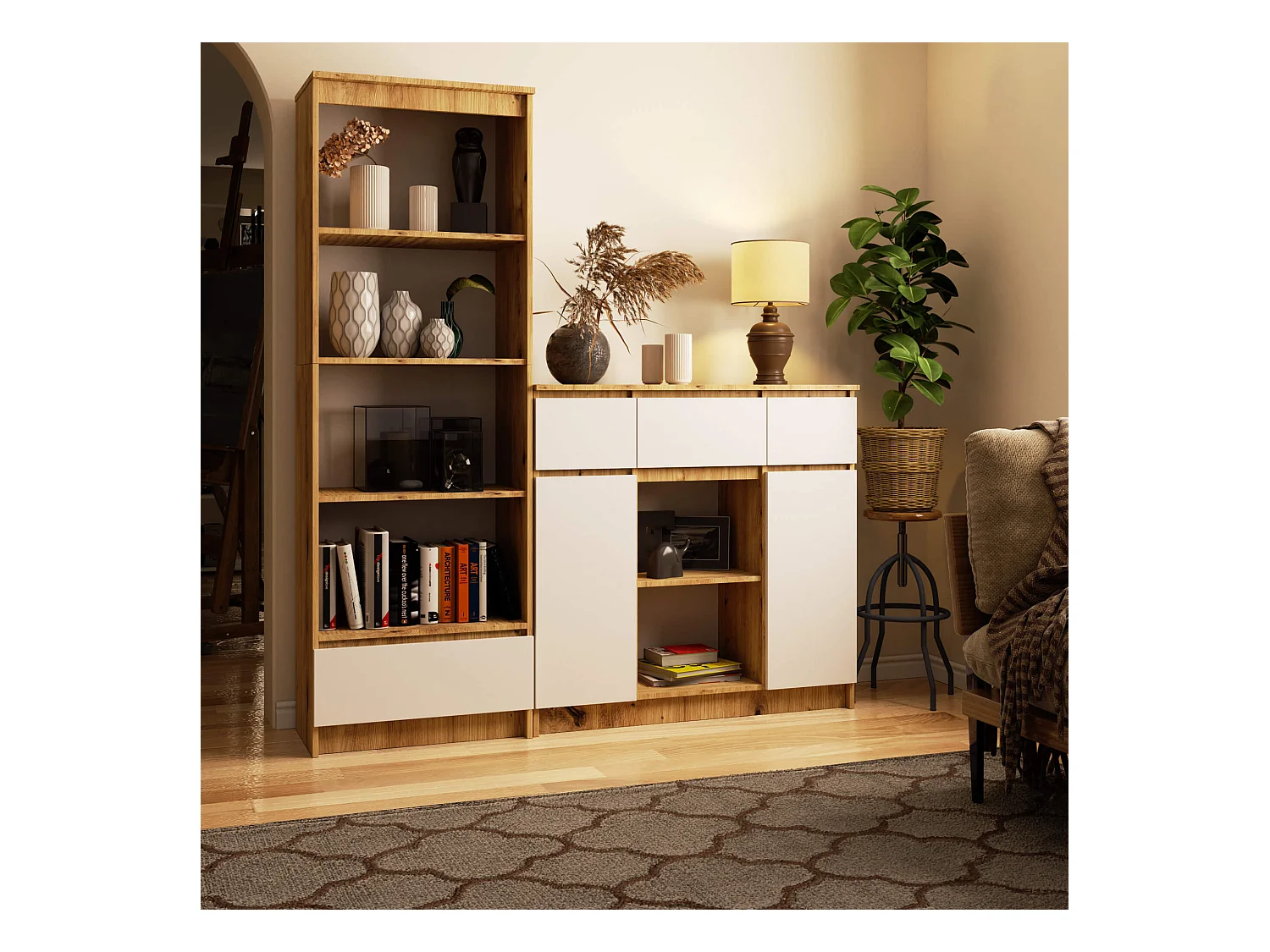 Commode AKORD K100 Chêne Artisan 101 cm 2 portes 3 tiroirs façade Blanche 6 étagères 101x35x98 cm