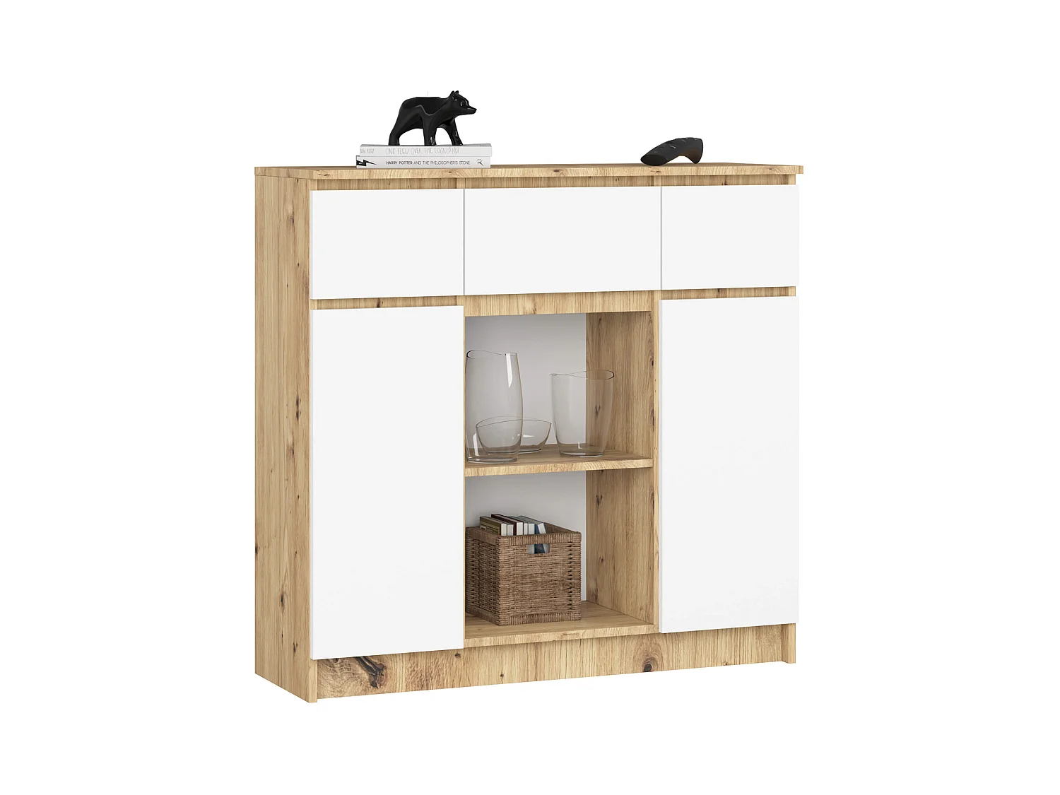 Commode AKORD K100 Chêne Artisan 101 cm 2 portes 3 tiroirs façade Blanche 6 étagères 101x35x98 cm