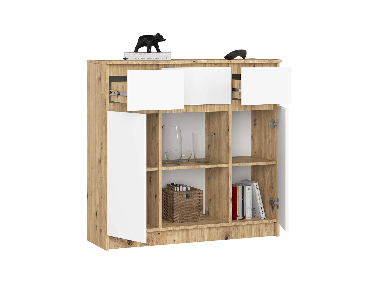 Commode AKORD K100 Chêne Artisan 101 cm 2 portes 3 tiroirs façade Blanche 6 étagères 101x35x98 cm