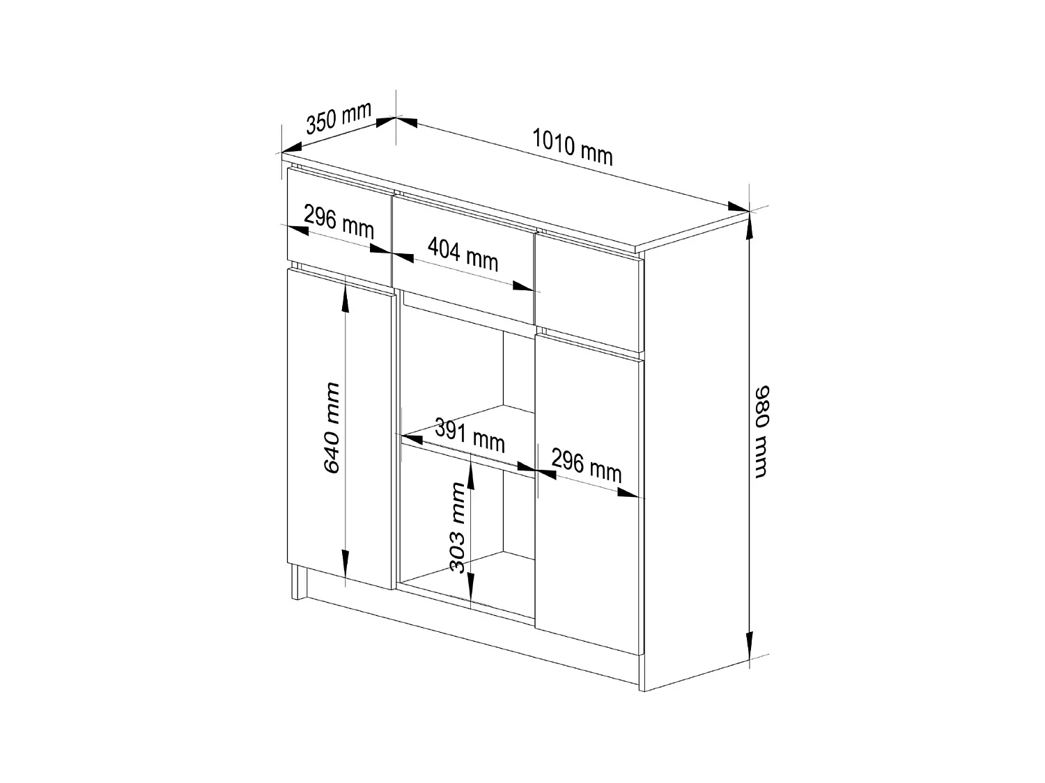Commode AKORD K100 Chêne Artisan 101 cm 2 portes 3 tiroirs façade Blanche 6 étagères 101x35x98 cm
