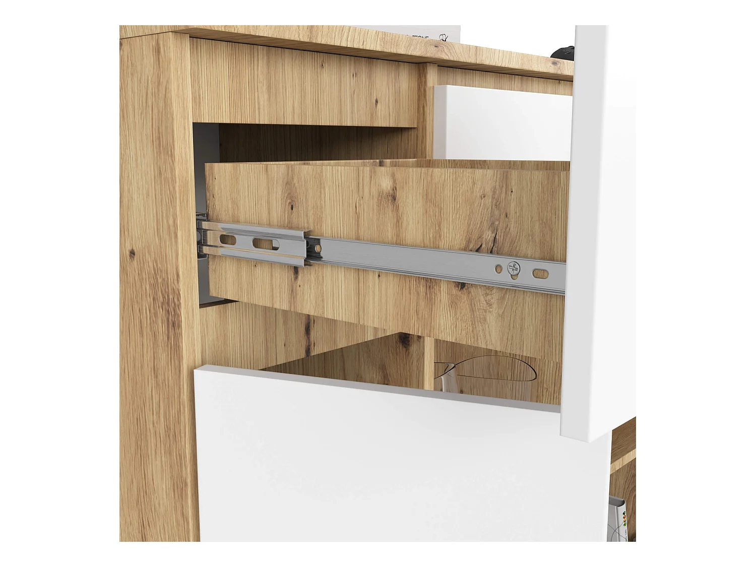 Commode AKORD K100 Chêne Artisan 101 cm 2 portes 3 tiroirs façade Blanche 6 étagères 101x35x98 cm