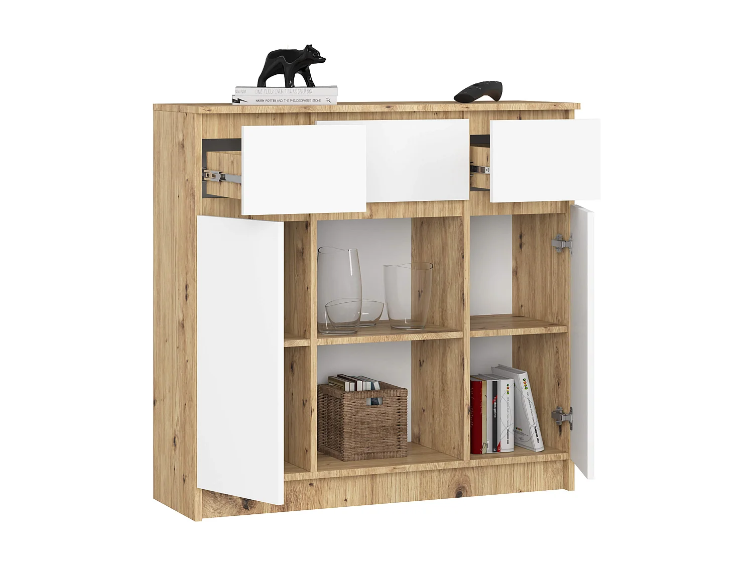 Kommode K100 Artisan Eiche 101 cm 2 Türen 3 Schubladen Front Weiß 6 Regalböden B101xH98xT35 cm