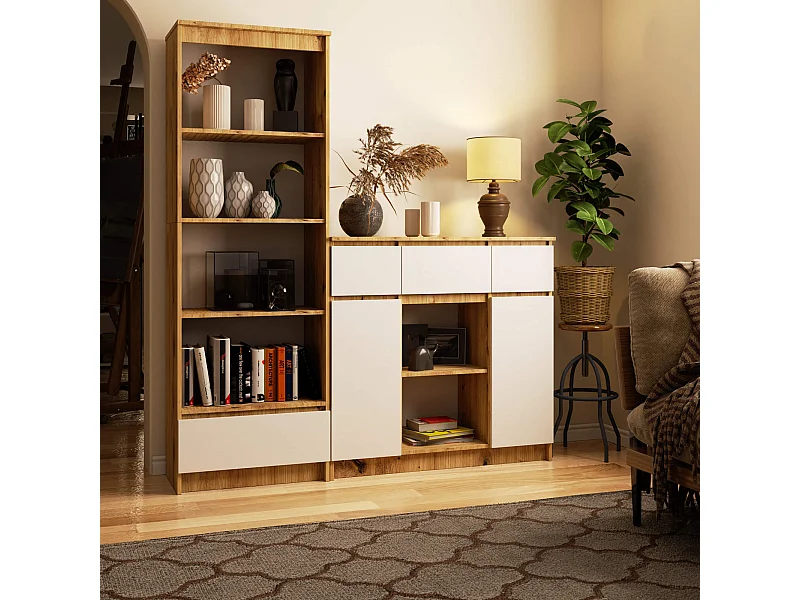 Ladekast K100 met 3 Lades, 2 Deuren en 1 Plank / AKORD Furniture Factory / Artisan Eik - Wit / 101 x 98 x 35 cm