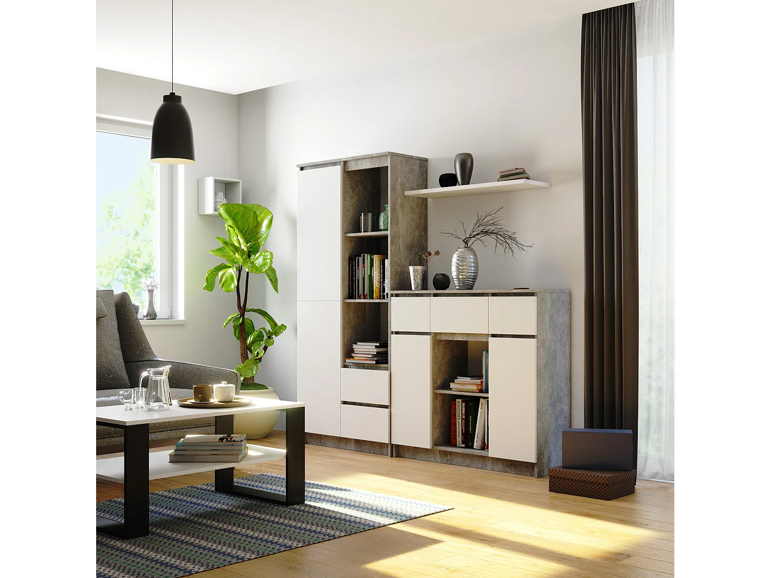 Commode AKORD K100 Béton 101 cm 2 portes 3 tiroirs façade Blanche 6 étagères 101x35x98 cm