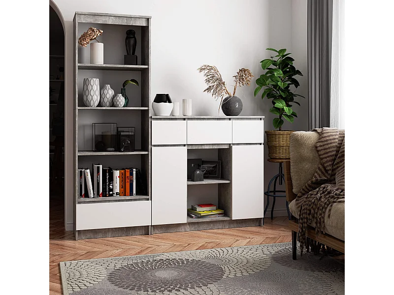 Commode AKORD K100 Béton 101 cm 2 portes 3 tiroirs façade Blanche 6 étagères 101x35x98 cm