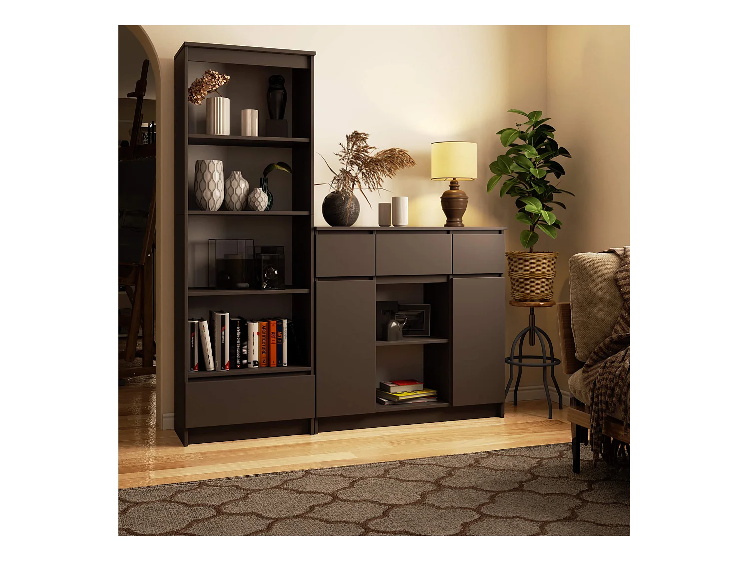 Commode AKORD K100 Gris Graphite 101 cm 2 portes 3 tiroirs façade Gris Graphite 6 étagères 101x35x98 cm