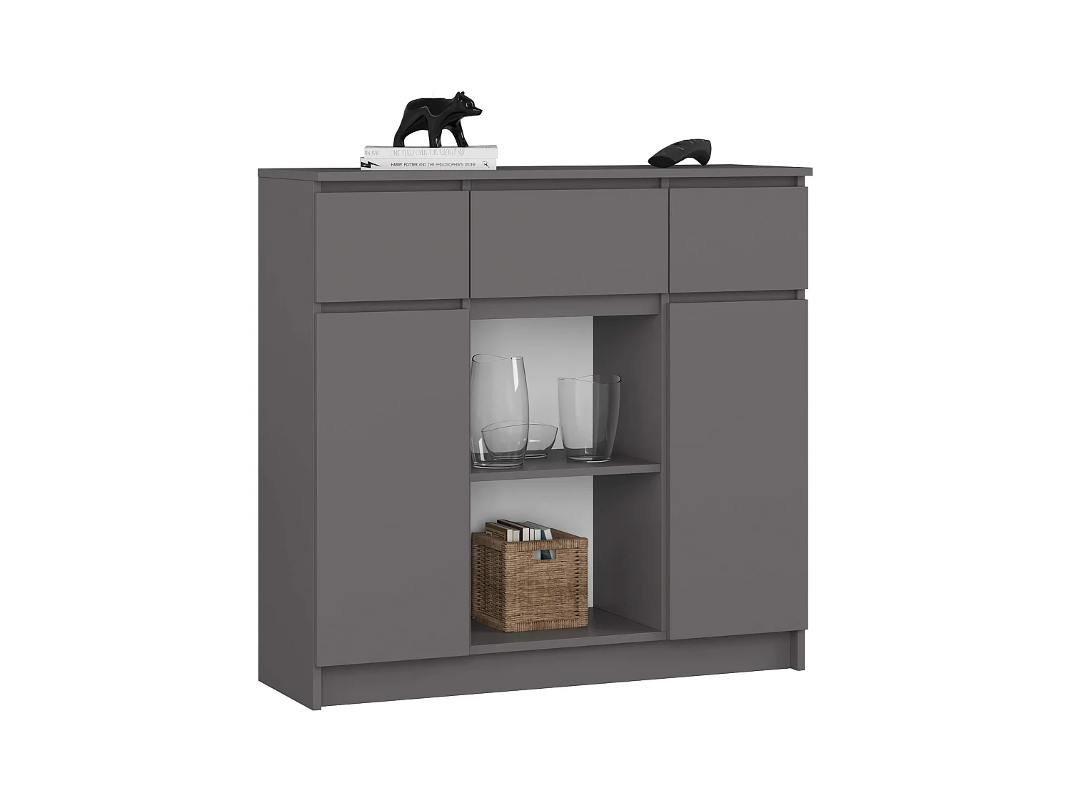 Commode AKORD K100 Gris Graphite 101 cm 2 portes 3 tiroirs façade Gris Graphite 6 étagères 101x35x98 cm