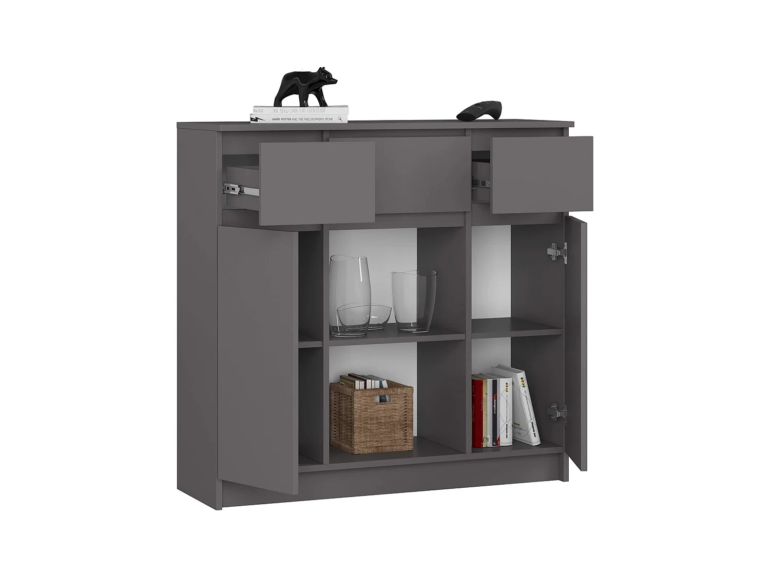 Commode AKORD K100 Gris Graphite 101 cm 2 portes 3 tiroirs façade Gris Graphite 6 étagères 101x35x98 cm