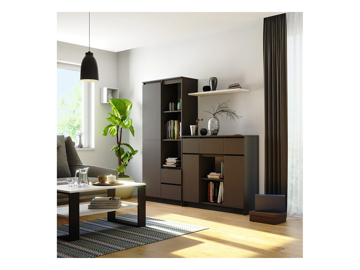 Commode AKORD K100 Gris Graphite 101 cm 2 portes 3 tiroirs façade Gris Graphite 6 étagères 101x35x98 cm