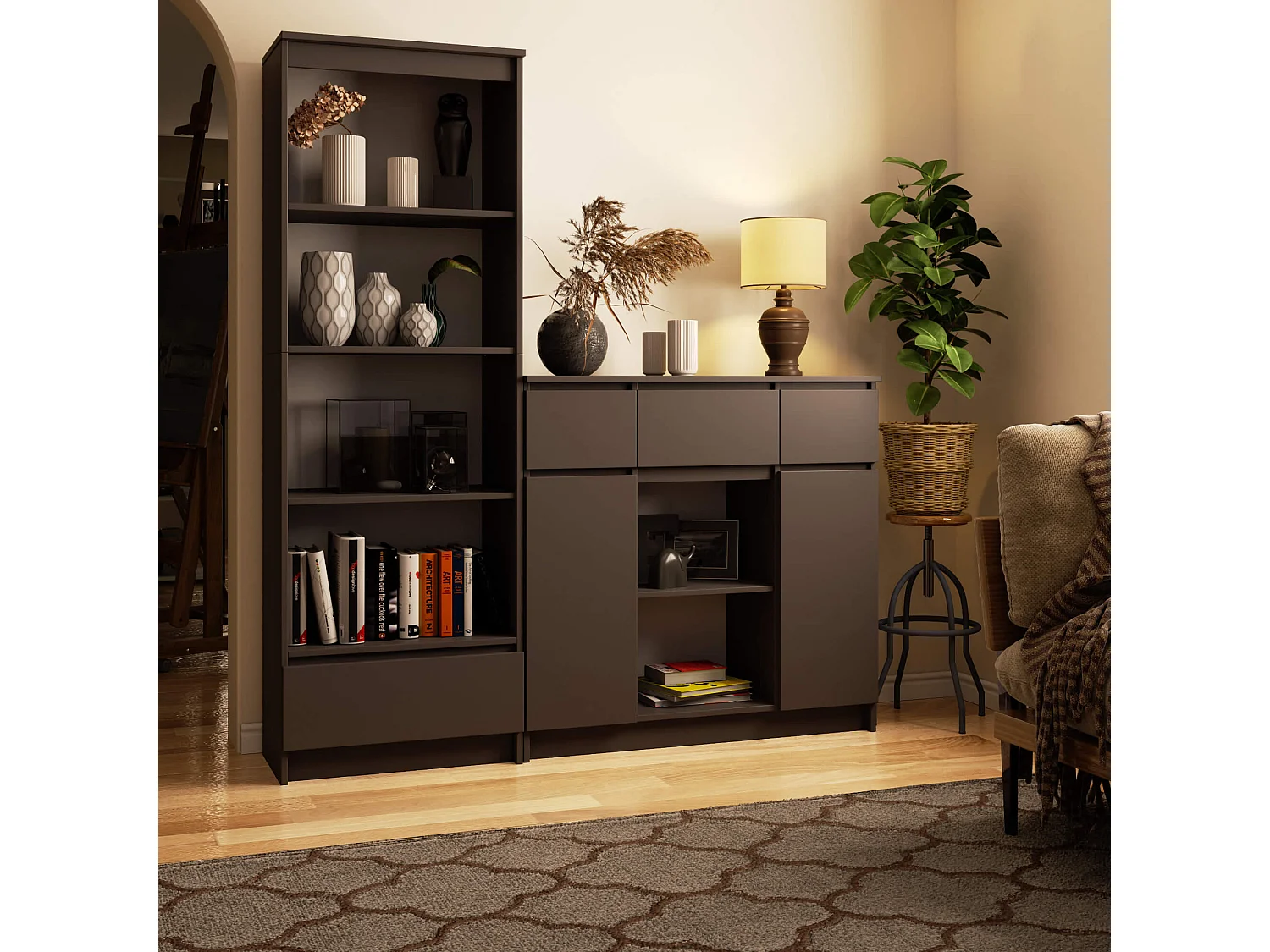 Commode AKORD K100 Gris Graphite 101 cm 2 portes 3 tiroirs façade Gris Graphite 6 étagères 101x35x98 cm