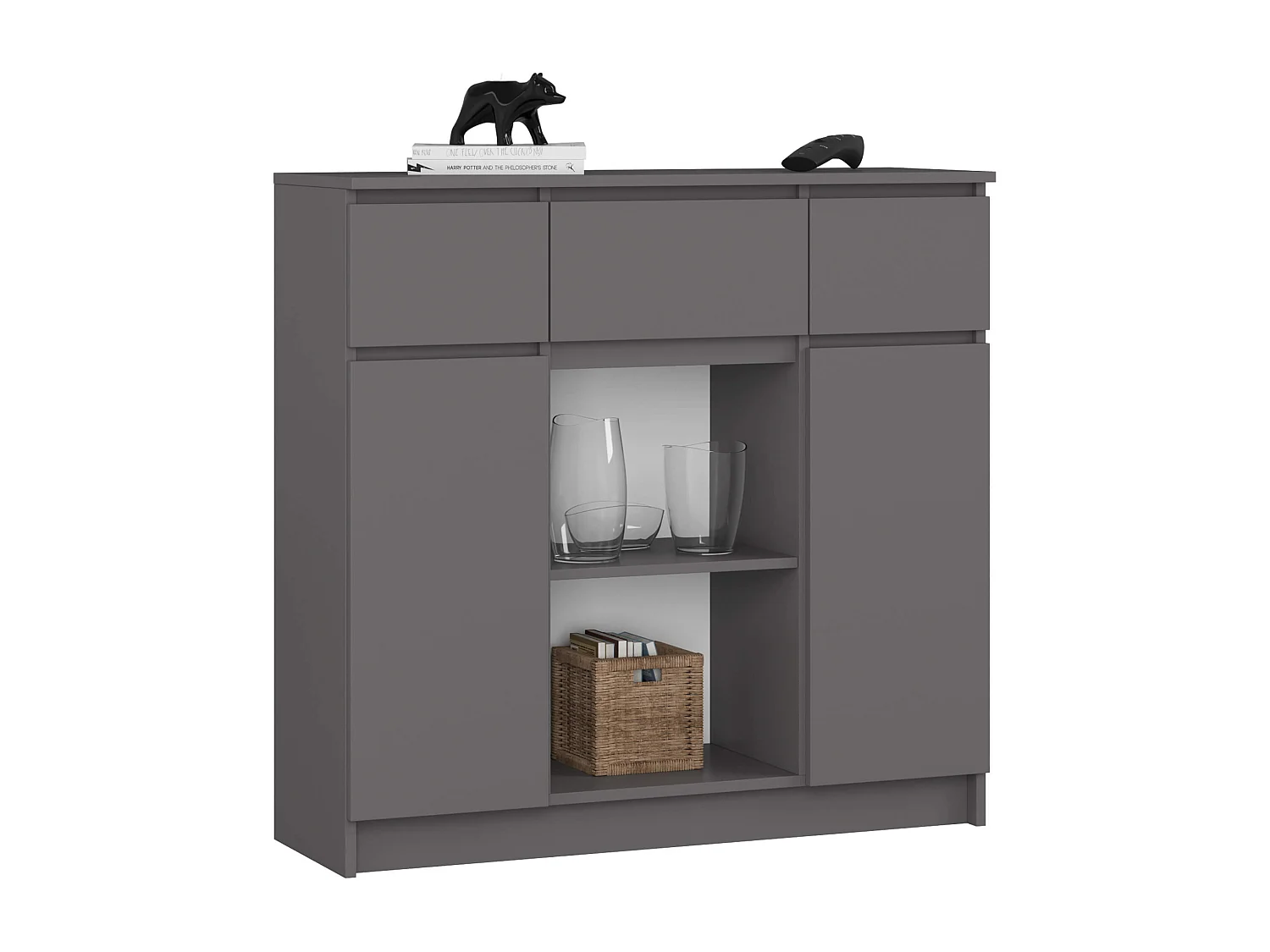 Commode AKORD K100 Gris Graphite 101 cm 2 portes 3 tiroirs façade Gris Graphite 6 étagères 101x35x98 cm