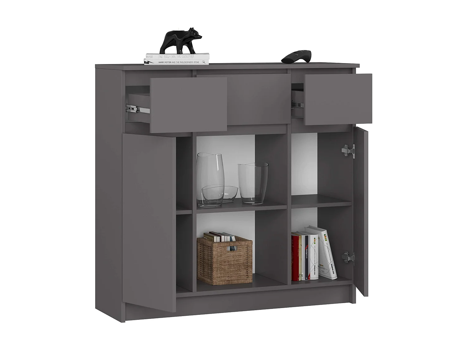 Commode AKORD K100 Gris Graphite 101 cm 2 portes 3 tiroirs façade Gris Graphite 6 étagères 101x35x98 cm
