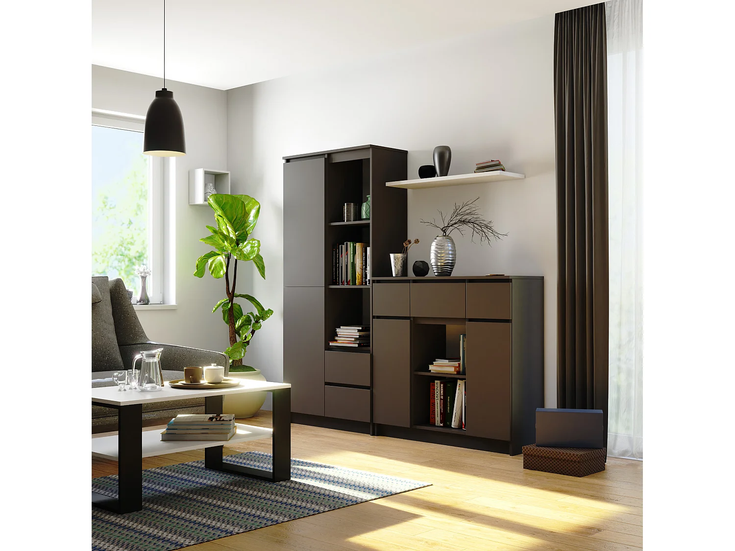 Commode AKORD K100 Gris Graphite 101 cm 2 portes 3 tiroirs façade Gris Graphite 6 étagères 101x35x98 cm