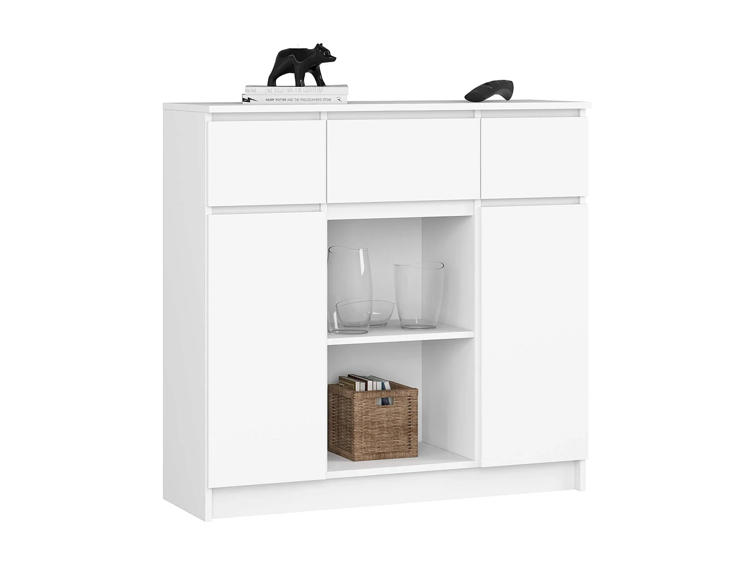 Commode AKORD K100 Blanche 101 cm 2 portes 3 tiroirs façade Blanche 6 étagères 101x35x98 cm