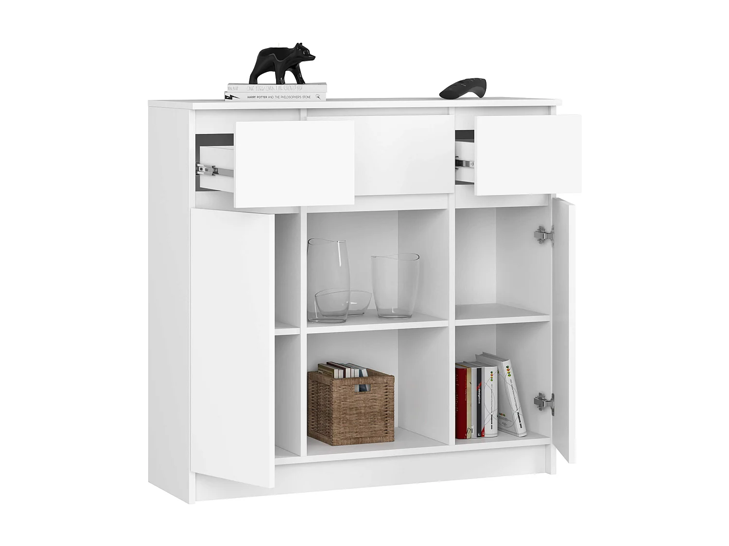 Commode AKORD K100 Blanche 101 cm 2 portes 3 tiroirs façade Blanche 6 étagères 101x35x98 cm