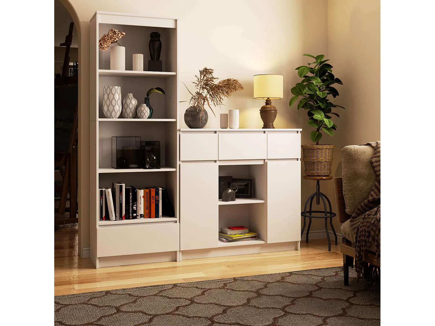 Commode AKORD K100 Blanche 101 cm 2 portes 3 tiroirs façade Blanche 6 étagères 101x35x98 cm